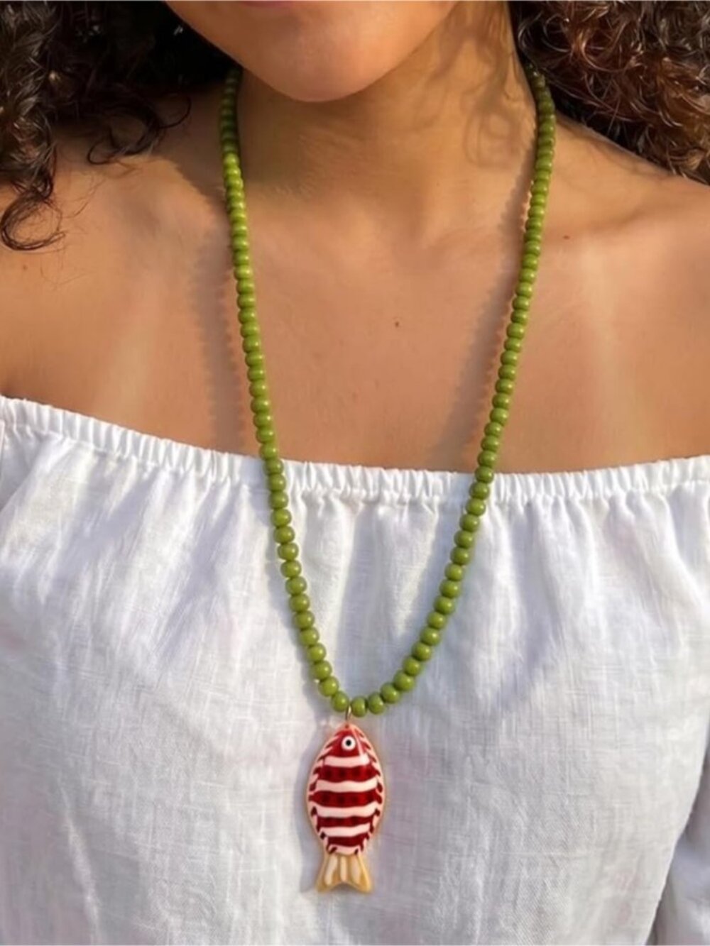 Coastal Green Beaded Necklace with Red Striped Fish Pendant